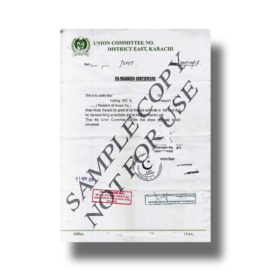 Unmarried Certificate from NADRA